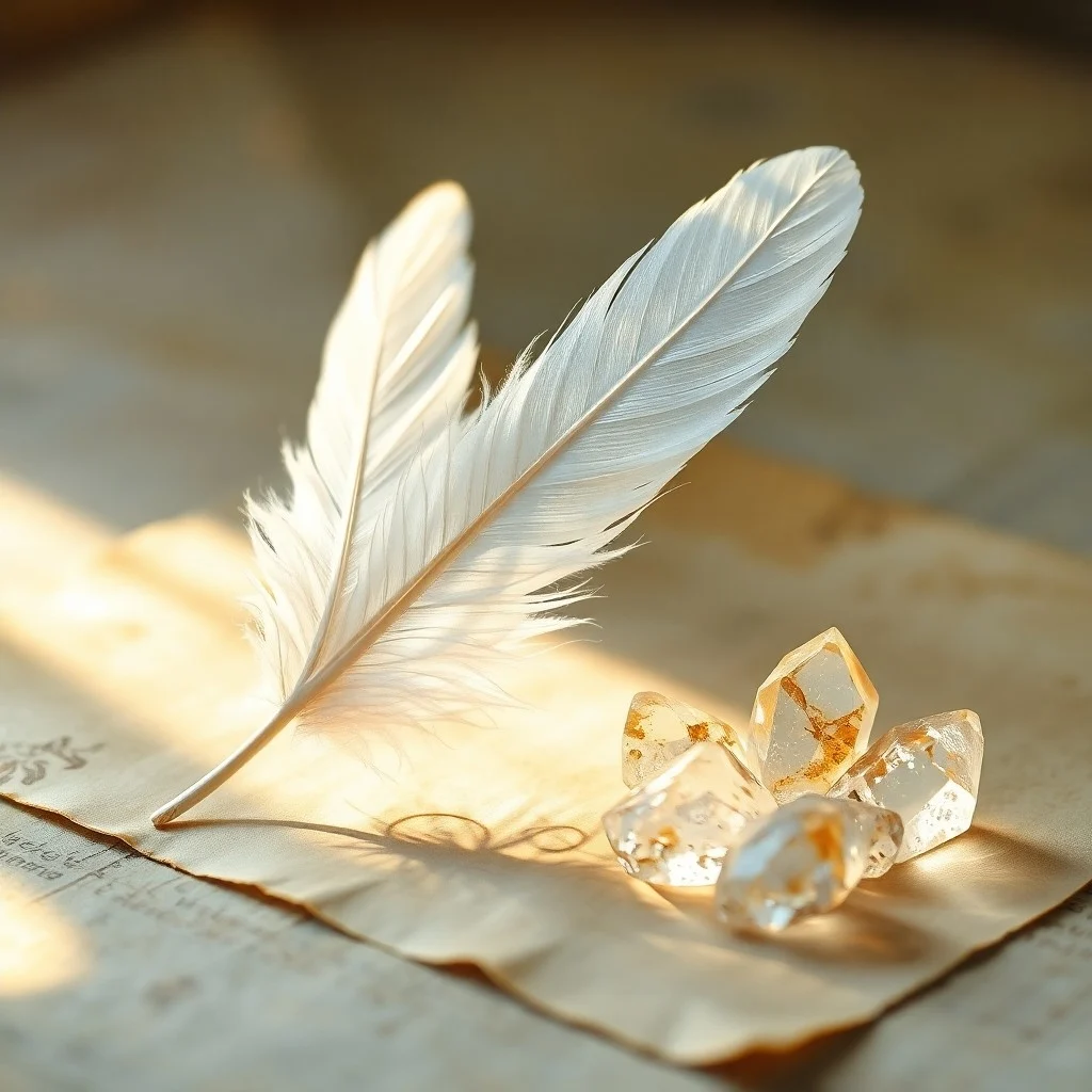 Still life of journal, feather, crystal ball, and compass, representing various communication methods