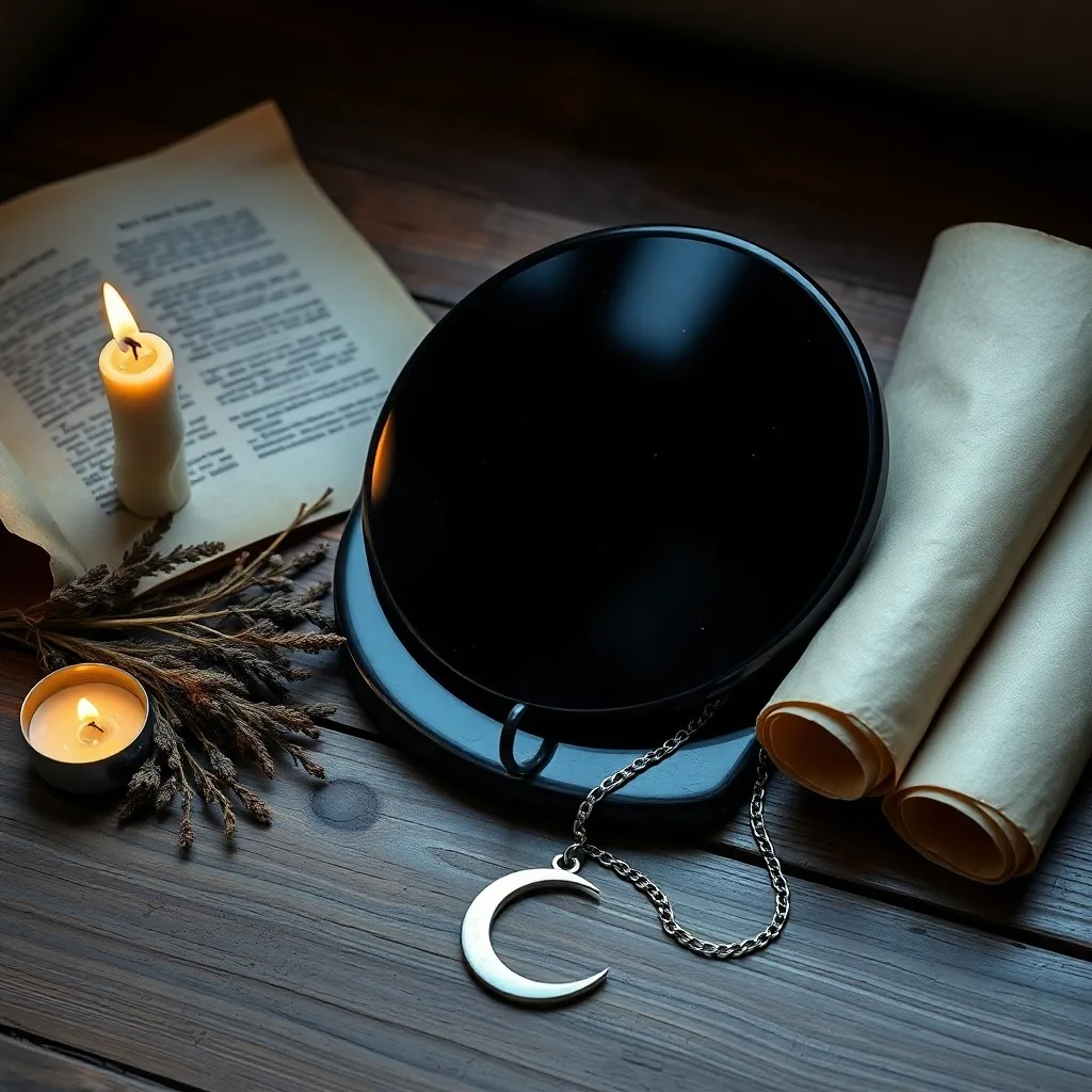 Cinematic still life of a polished obsidian mirror resting on a weathered wooden table, illuminated by a single flickering candle, with faint smoke tendrils rising. The focus is on texture and light, creating a mysterious atmosphere.