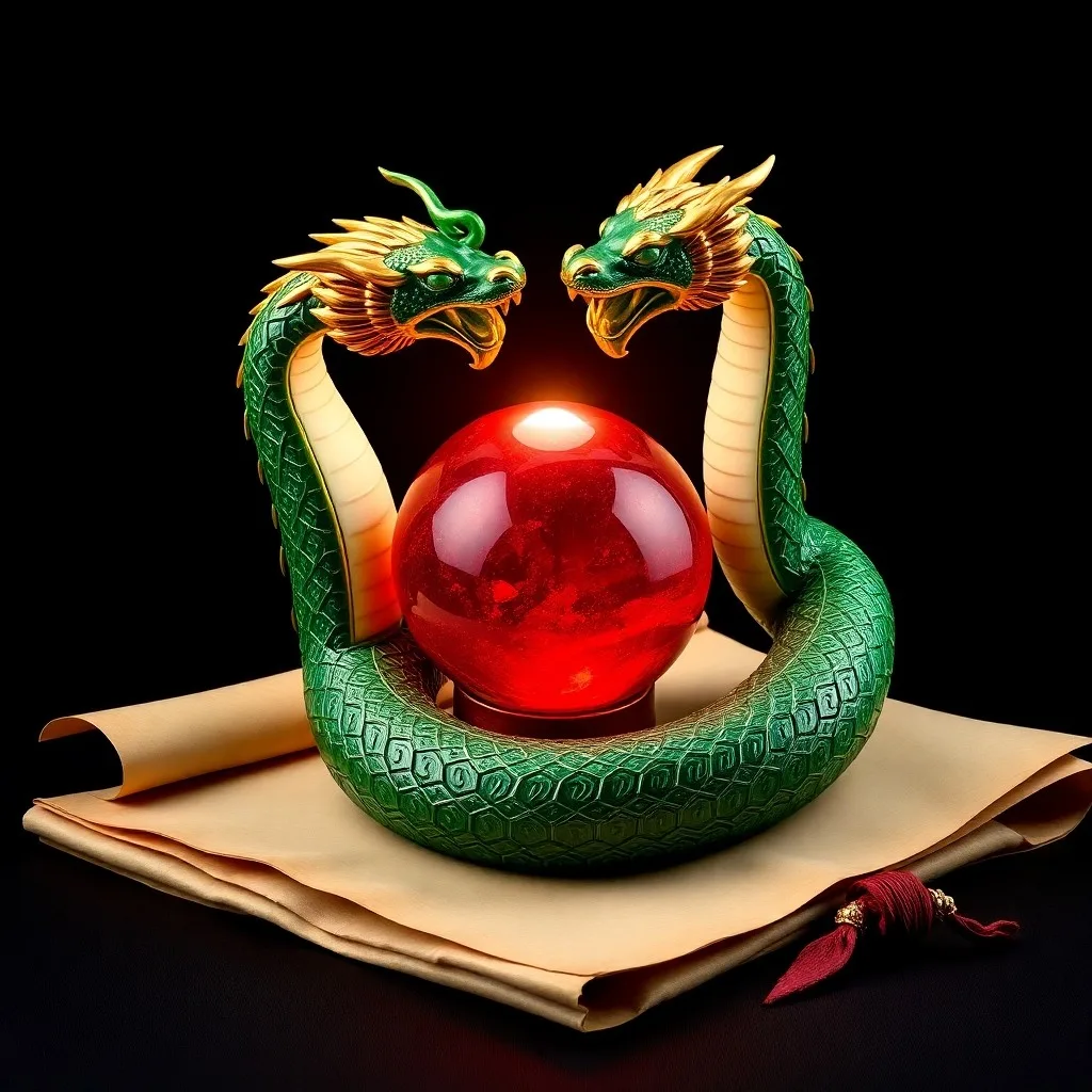 Una colección de pergaminos chinos antiguos, una talla de jade de una serpiente y una estatuilla de oro de un dragón, sobre una mesa de madera oscura con iluminación dramática.