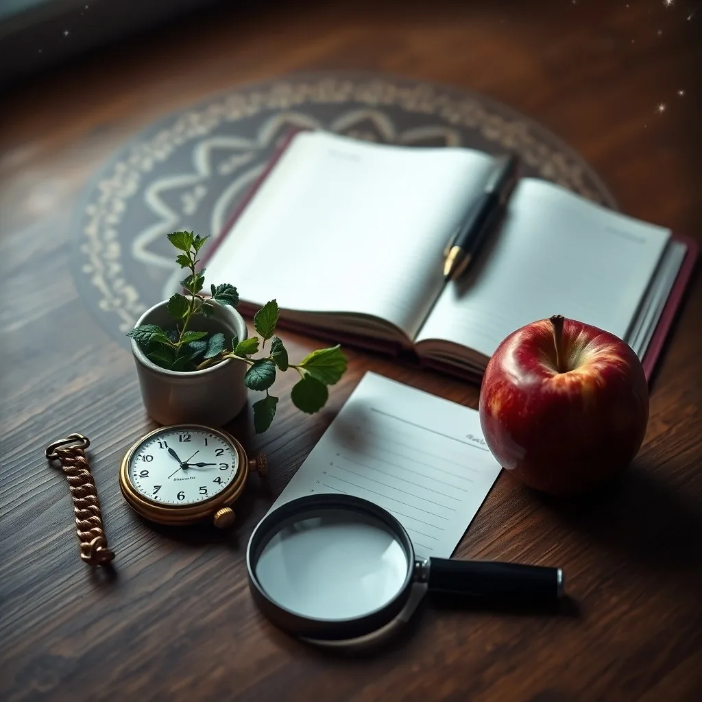 Cinematic still life of an organized desk with a medical textbook, herbal tea, plant, and planner, under soft morning light.