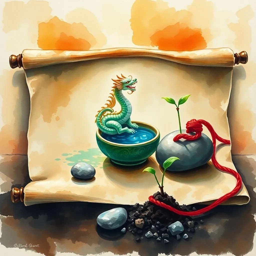 Still life photography of an antique Chinese scroll with symbolic objects representing life stages