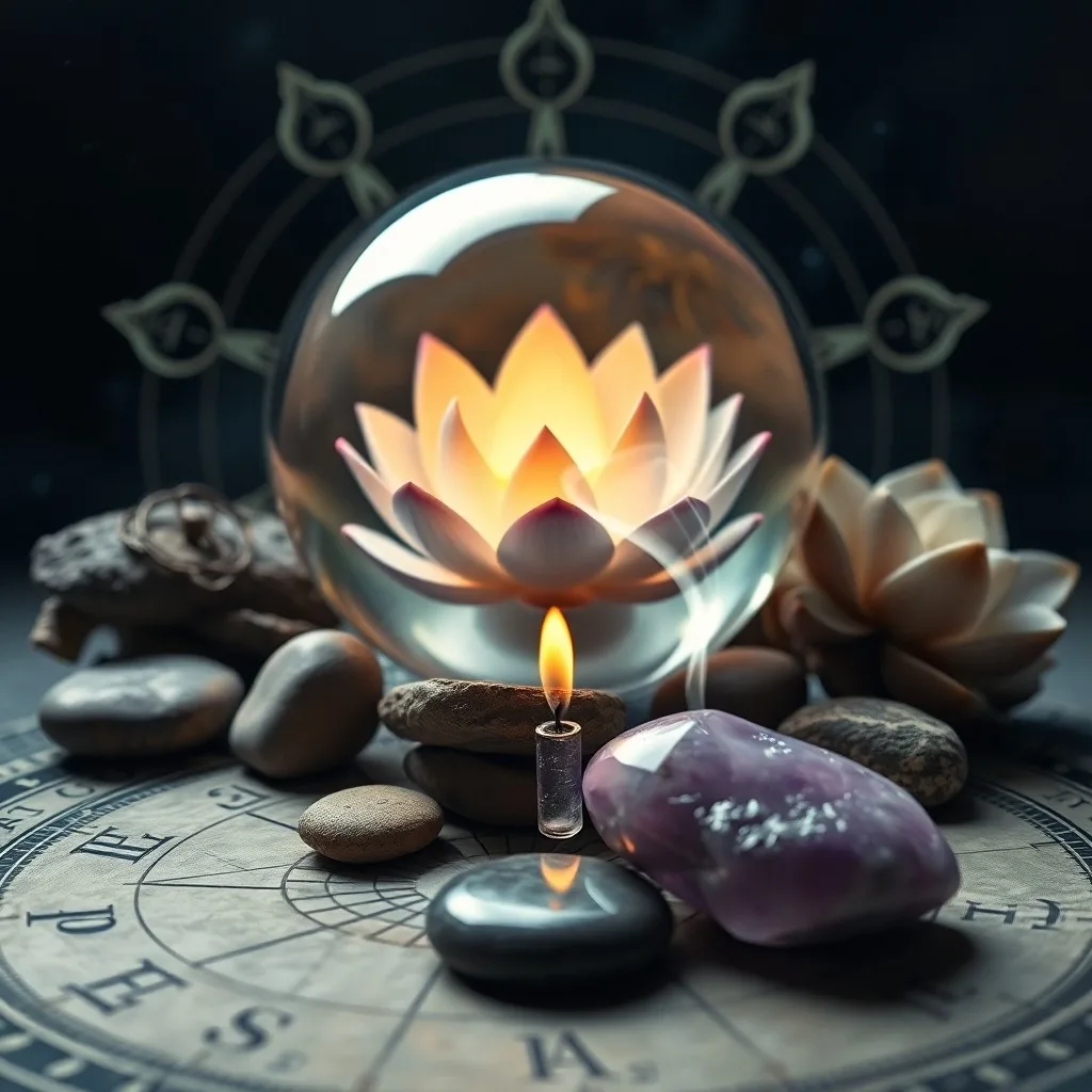An ancient, open astrology book lies on a polished wooden table, illuminated by a single beam of moonlight. Beside it, a smooth, polished meditation stone reflects a faint, ethereal glow. A delicate, unfurling fern leaf adds a touch of organic life, in a cinematic still life style.