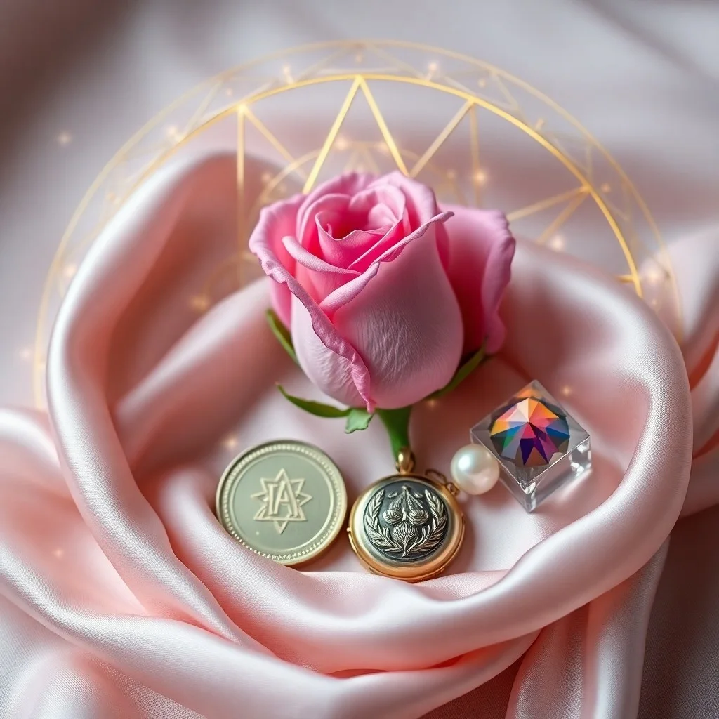 Fotografía de bodegón de un espejo antiguo reflejando una rosa de mármol, junto a una caja de joyas abierta con luz brillante, simbolizando la belleza, la reflexión y el valor personal.
