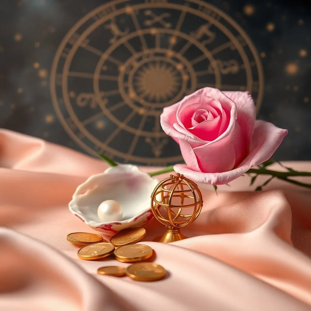 Arte conceptual de monedas antiguas formando un camino hacia un portal brillante, rodeado de símbolos abstractos de equilibrio y prosperidad, con tonos tierra y acentos dorados y esmeralda, representando el valor material y espiritual.