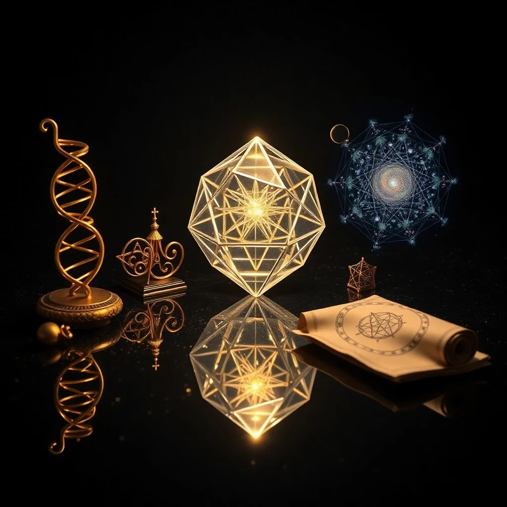 3D digital illustration of a Merkaba star tetrahedron made of light, floating above a reflective pool, symbolizing accelerated manifestation and energetic influence.