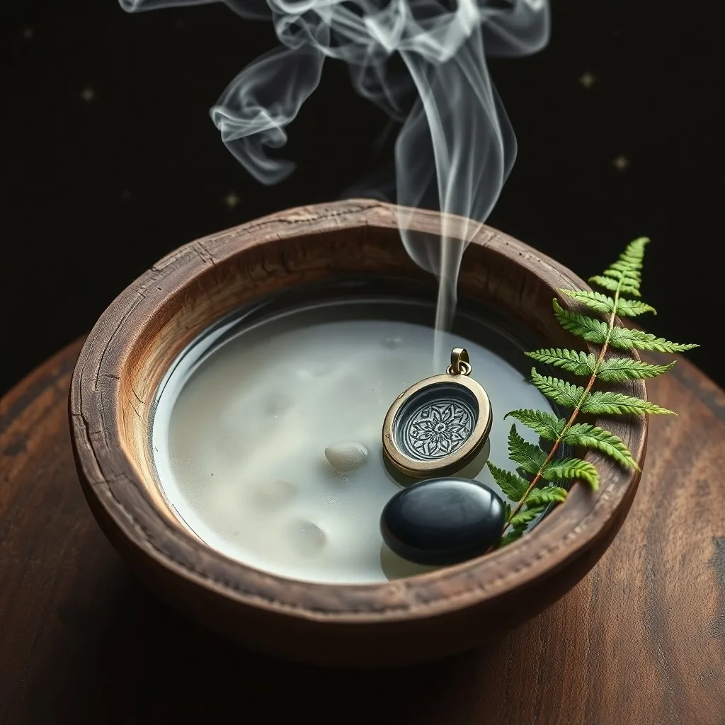A delicate, antique hourglass filled with dark sand, slowly emptying into a pool of shimmering, clear water. Broken chains lie at the base, symbolizing the release of generational karma.