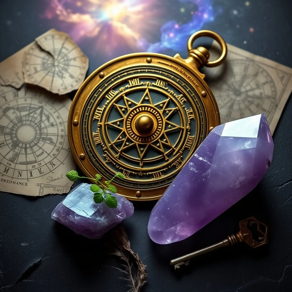 Diario astrológico antiguo con símbolos y notas manuscritas, iluminado por una vela. Cristales de amatista y sodalita junto a un astrolabio, evocando estudio e introspección.