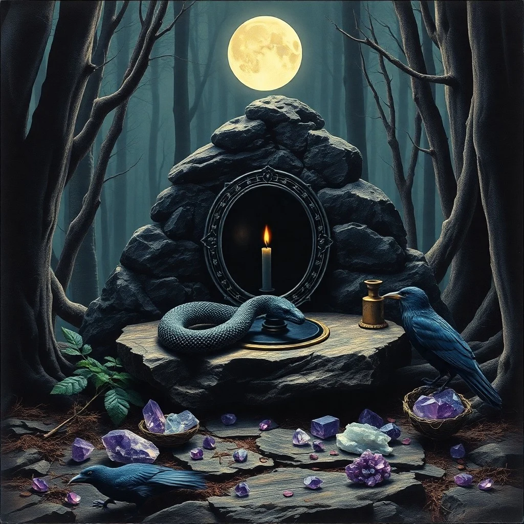 Fractured obsidian mirror reflecting a nebula with broken chains and a red poppy