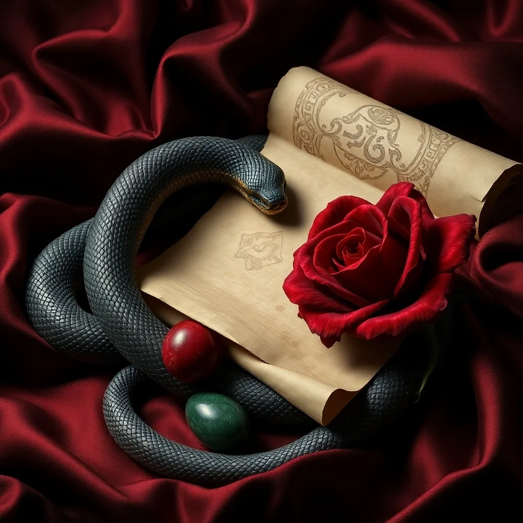 An ancient jade snake figurine on a weathered scroll depicting celestial charts, with antique coins and incense burner.