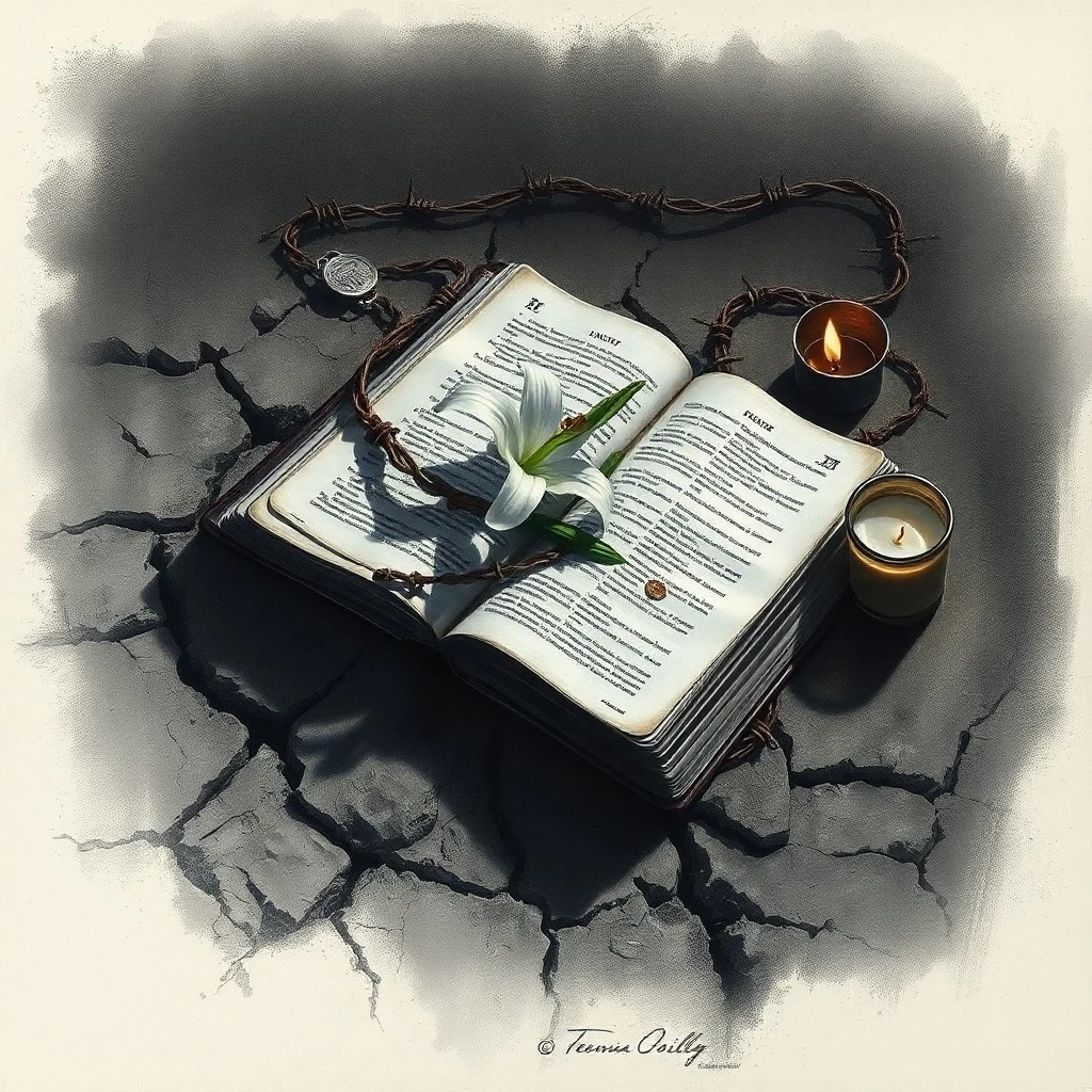 Naturaleza muerta cinematográfica de una Biblia desgastada sobre una losa de hormigón, con alambre de púas y una vela parpadeante, simbolizando la fe y la persecución modernas.