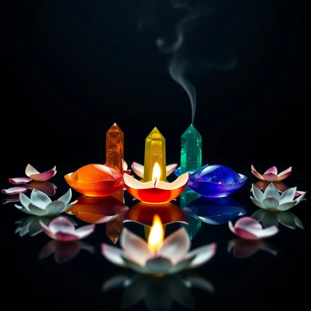 Seven distinct chakra crystals radiating colored light on a dark wooden surface, symbolizing energy healing tools
