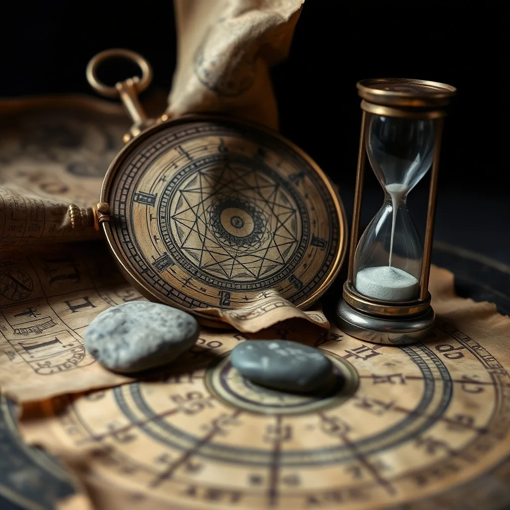 A stack of antique, leather-bound books, one open to a glowing celestial map with a retrograde planetary path, illuminated by a flickering candle.