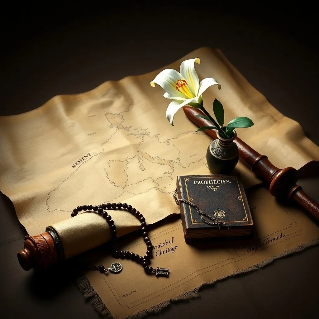 Libro de oraciones antiguo sobre un altar rústico, con una cruz de madera y hierbas, simbolizando la devoción y el refugio espiritual.