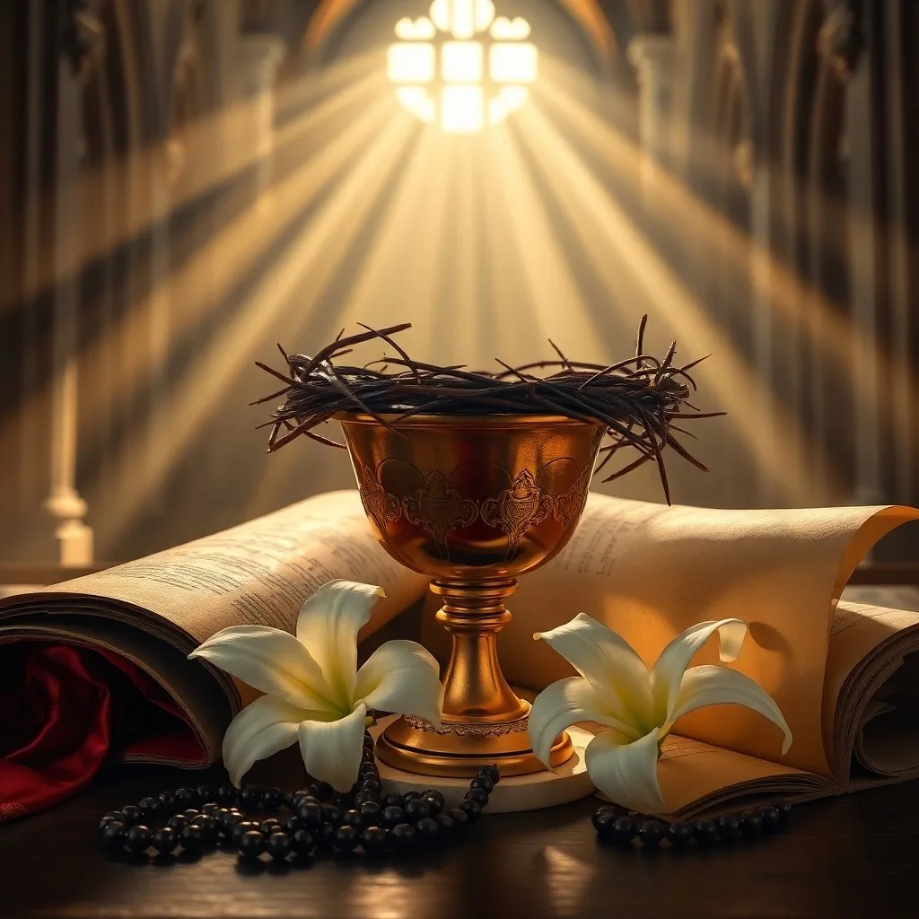 Rosario sobre una Biblia abierta, iluminado por una luz roja pulsante, sobre una superficie de madera oscura, con sutiles volutas de humo de incienso.