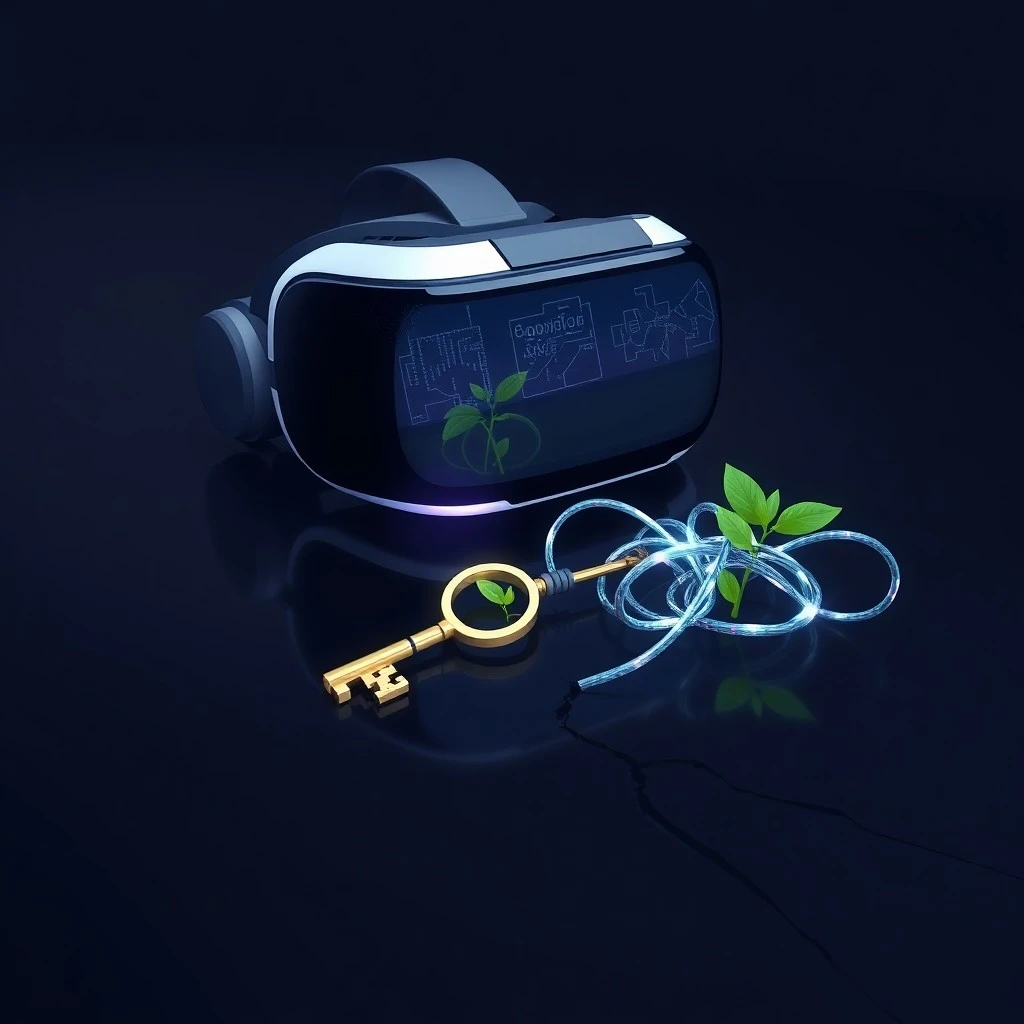 Ilustración digital 3D de un reloj de arena roto, la arena cae sobre circuitos brillantes, simbolizando la interrupción de patrones adictivos y la complejidad de los datos en un entorno urbano futurista.