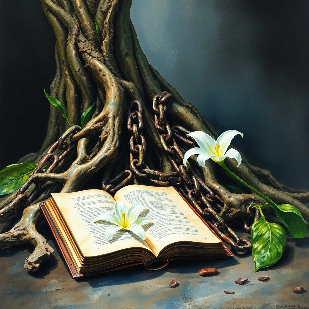 Pintura de acuarela de una antigua Biblia familiar abierta sobre un altar de madera, iluminada por la luz de las velas y una niebla etérea. Las páginas muestran sutiles gráficos genealógicos estilizados, evocando paz y sabiduría ancestral.