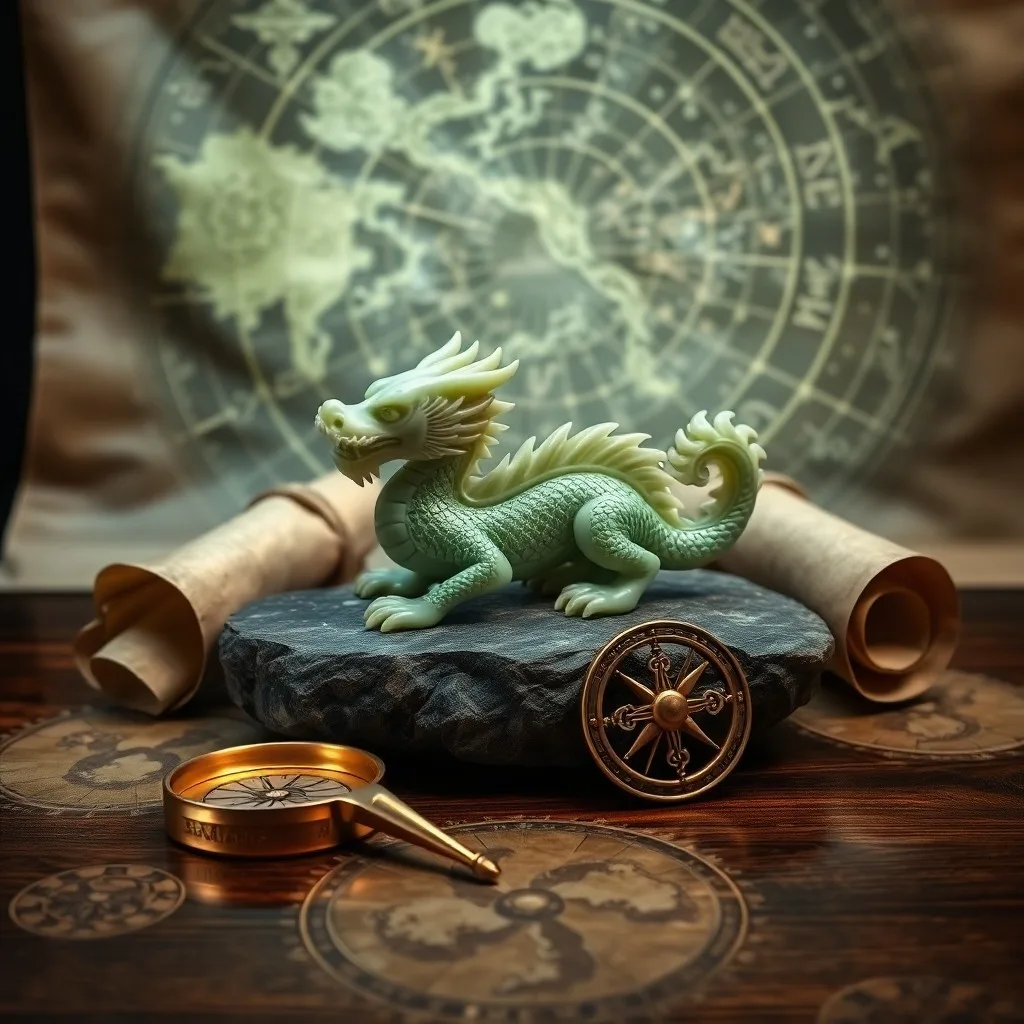 Fotografía macro de un antiguo compás de latón sobre un mapa de cuero, junto a una pieza de ajedrez de rey de madera tallada y piedras de río pulidas, bajo una luz suave, simbolizando sabiduría y dirección inquebrantable.