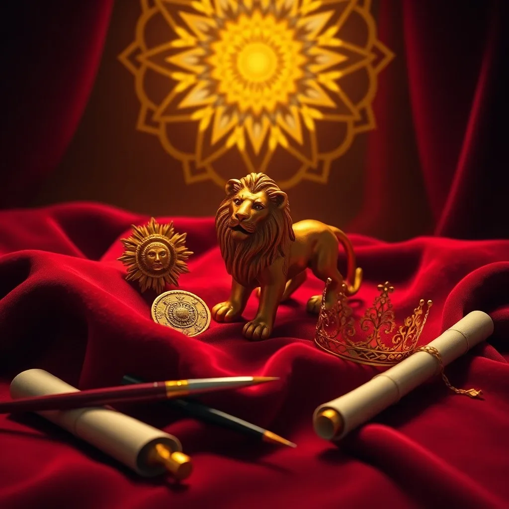 Vintage golden crown on velvet, surrounded by old theater masks and a quill, symbolizing leadership, performance, and creative legacy.
