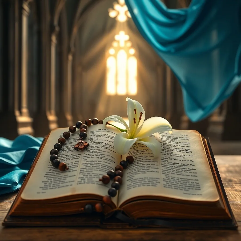 Antigua Biblia abierta, cruz de madera y vela encendida sobre mesa rústica, pintura al óleo.