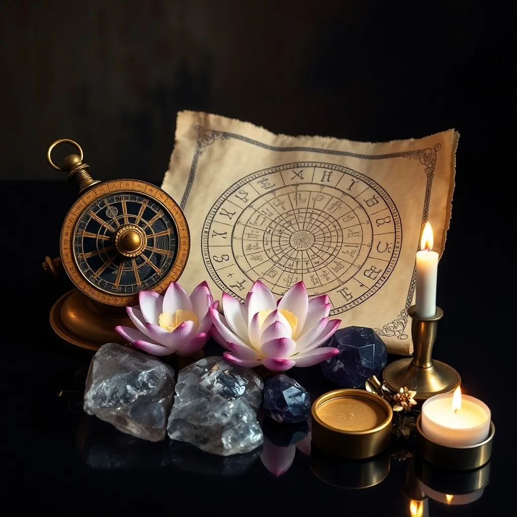 Fotografía still life de un libro de astrología abierto con una carta natal, una esfera de cristal y hierbas secas sobre una mesa de madera, evocando sabiduría ancestral.