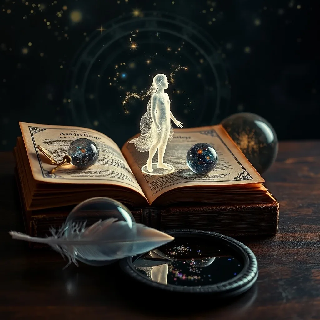 Brújula antigua apuntando a un velo etéreo, sobre un libro esotérico, simbolizando la guía en viajes astrales.