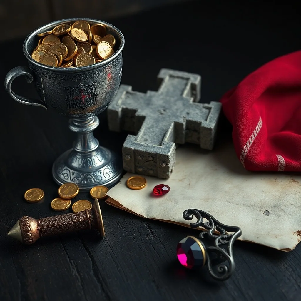 Fotografía still life vintage de monedas de oro antiguas desbordando de un cofre de madera, con pergaminos y plumas de ave sobre una mesa de roble, iluminado por luz dramática.