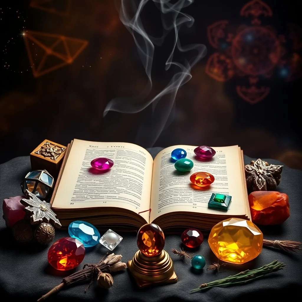 Fotografía cinematográfica de un texto antiguo de Jyotish abierto sobre un altar de madera, rodeado de gemas astrológicas en bruto de colores vibrantes como rubíes, perlas, esmeraldas y zafiros, una pequeña lámpara de aceite encendida y hierbas sagradas, con luz cálida y texturas ricas.