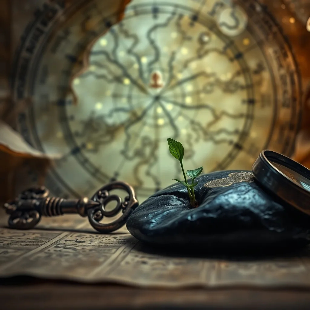Fotografía macro de un antiguo libro de astrología abierto, con una pluma y un compás de latón, simbolizando la búsqueda de conocimiento oculto.
