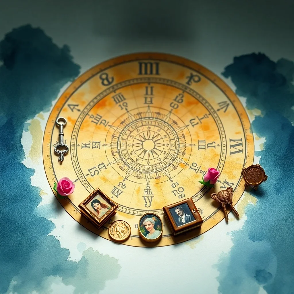 An open, ancient astrological text with intricate diagrams and symbols, with a delicate feather resting on its pages, set against a swirling nebula background.