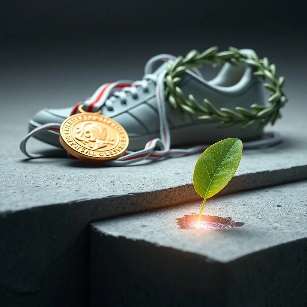 Fotografía cinematográfica de un diario de cuero desgastado con un bolígrafo, una botella de agua y una medalla en un banco de vestuario, simbolizando la reflexión y los momentos íntimos de un atleta.