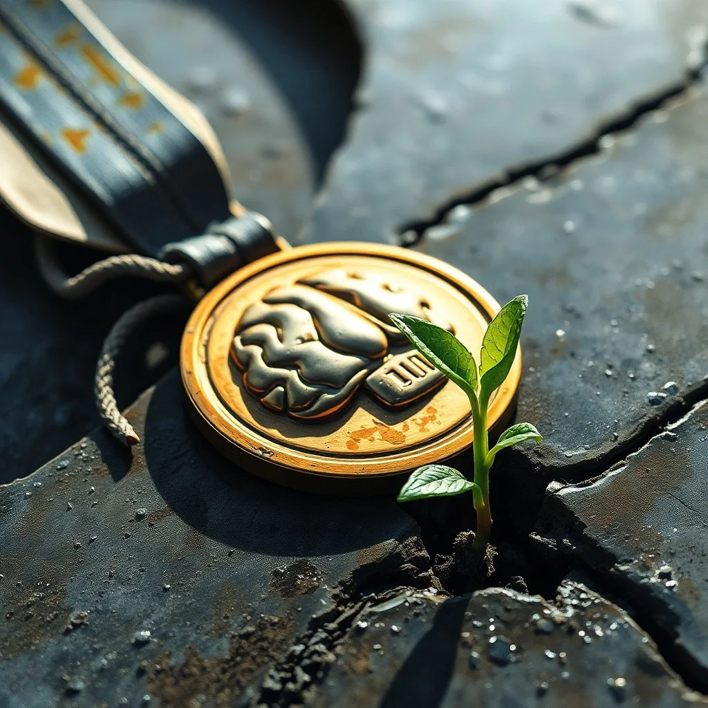 Arte conceptual de un trofeo de cerámica roto, sus fragmentos dispersos sobre una superficie oscura y reflectante, con una flor creciendo a través de una grieta, simbolizando la resiliencia y la vulnerabilidad.