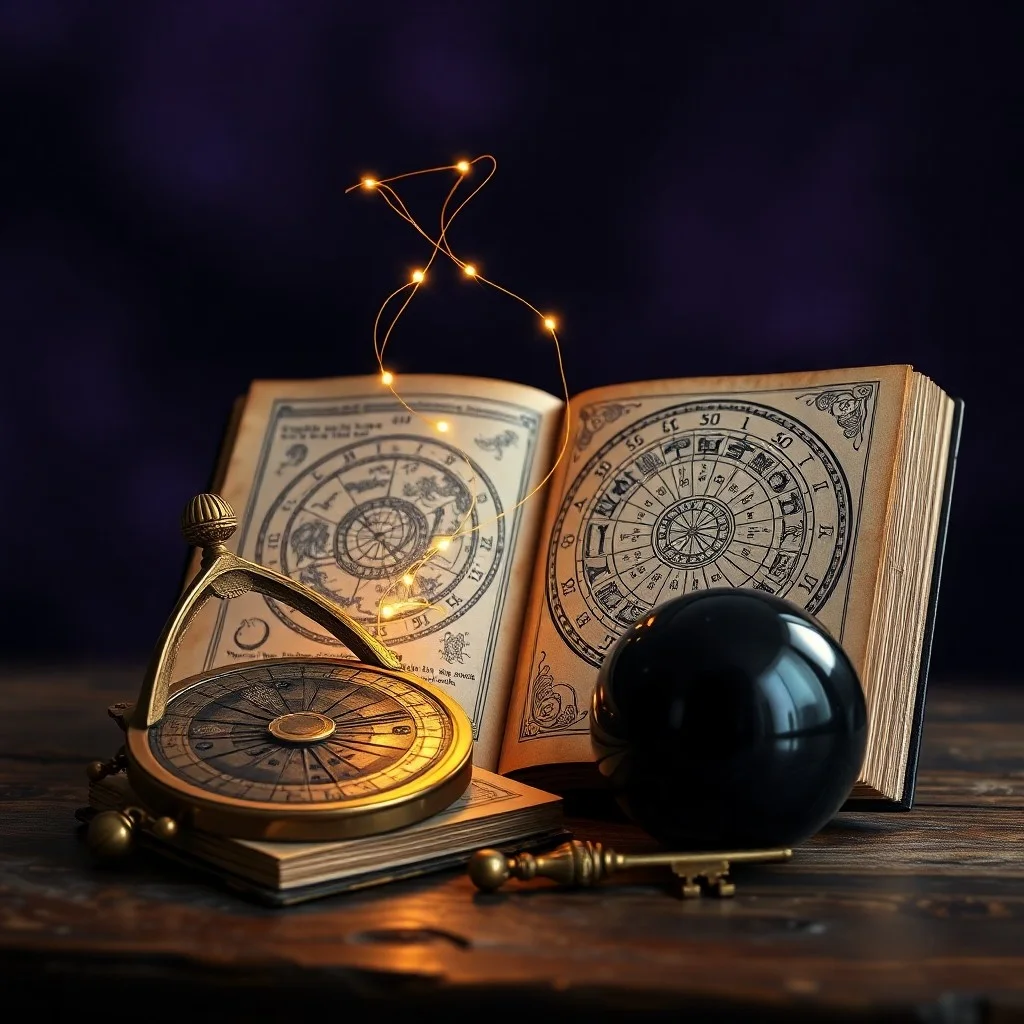 Macro photography of an antique wooden chest filled with ancient scrolls and a glowing crystal ball, symbolizing past life connections and karmic journeys.