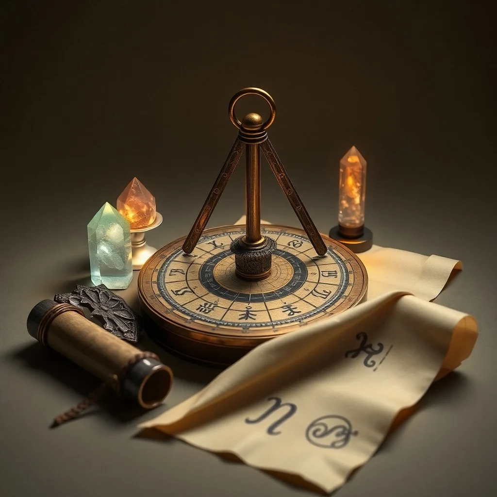 Cinematic still life of an antique brass astrolabe on velvet, surrounded by three glowing crystal spheres: clear, blue, and purple, illuminated by warm light.