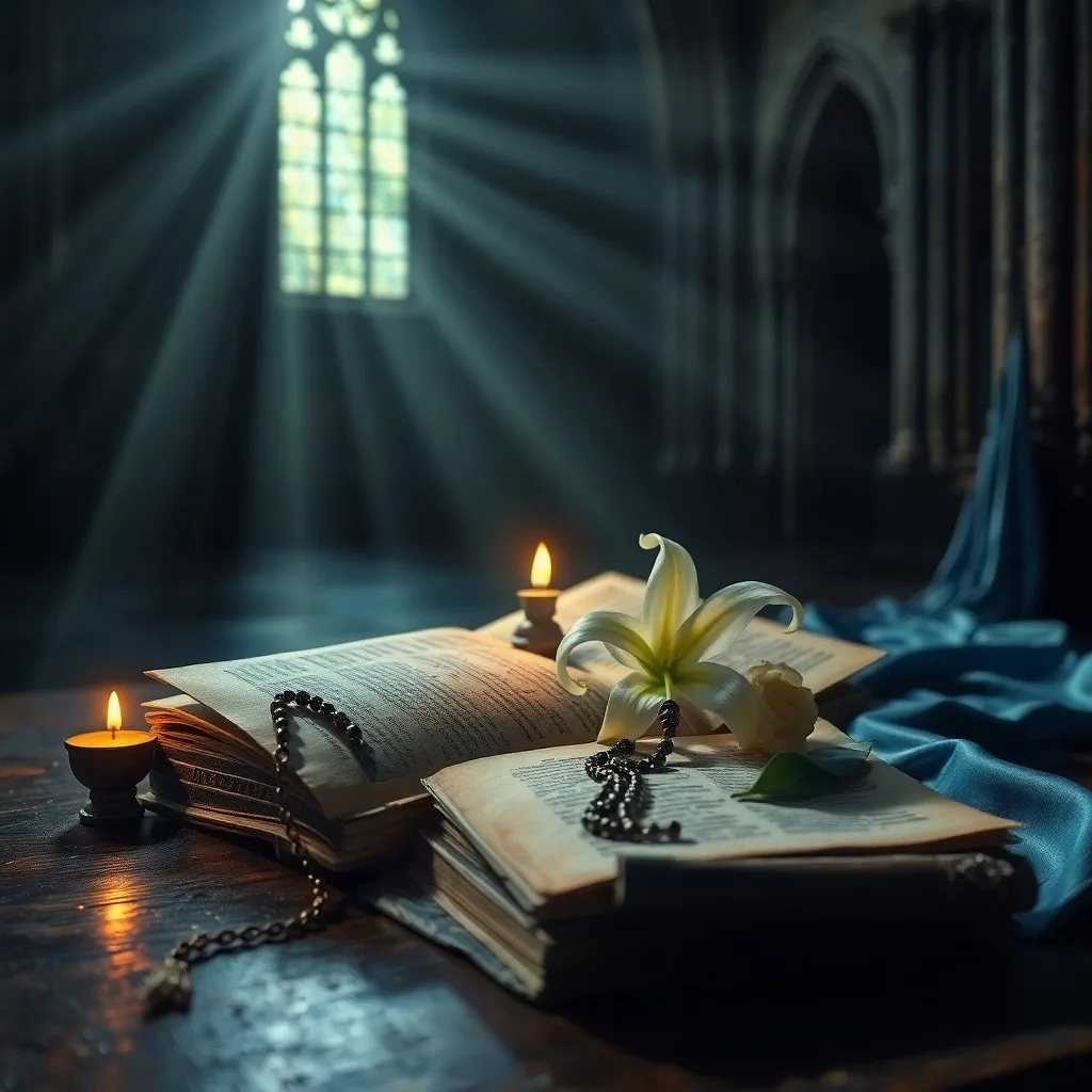 Un rosario azul sobre un libro antiguo, iluminado por la luz de una vidriera, simboliza la devoción mariana y la sabiduría teológica.