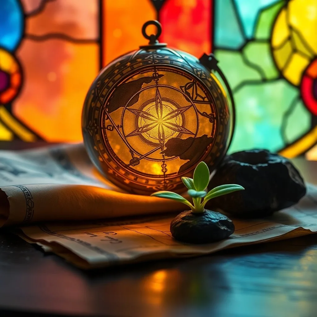 Still life of an antique astrological book, a glowing crystal, and a slightly open wooden box.