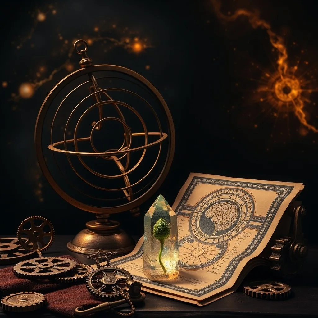 Fotografía de un astrolabio antiguo de latón sobre un mapa de pergamino, rodeado de textos antiguos y una vela encendida, evocando la búsqueda de conocimiento.