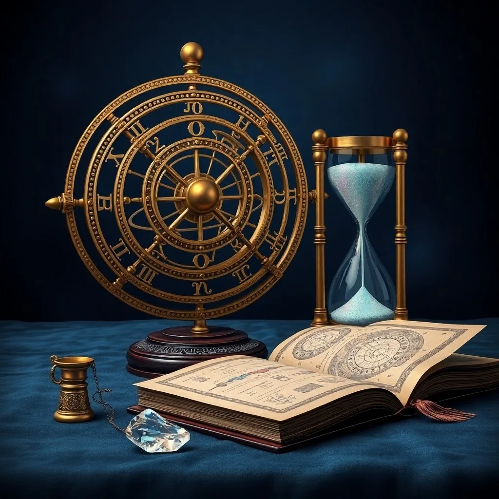 Arte conceptual de un reloj de arena cósmico con polvo estelar, superpuesto sobre una rueda zodiacal estilizada, simbolizando el paso de las eras astrológicas.