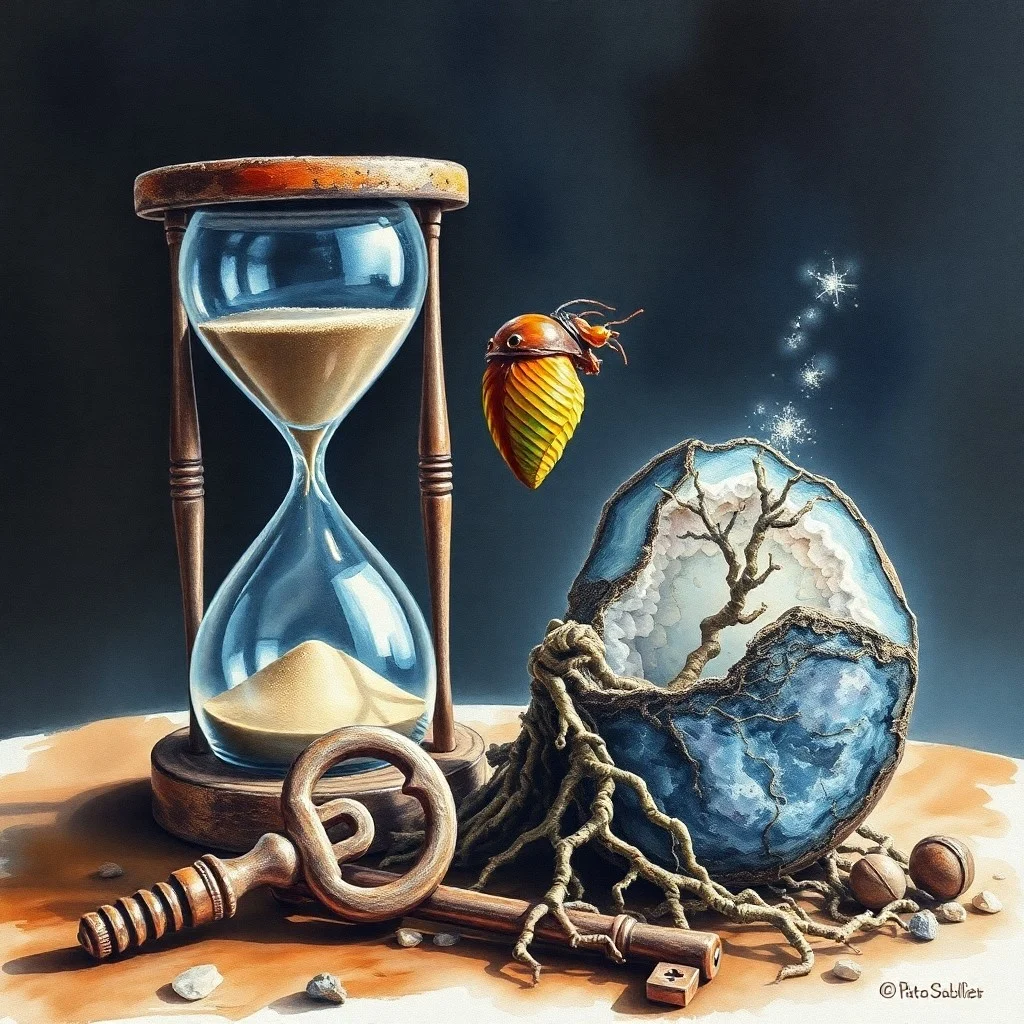 Pintura al óleo de un libro antiguo de cuero con una llave de hierro y un reloj de arena, simbolizando las lecciones kármicas y la estructura del tiempo en astrología.
