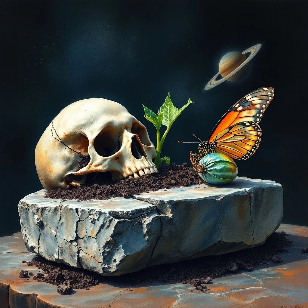 Render 3D conceptual de una delicada escultura de cristal en forma de pluma de fénix emergiendo de fragmentos de obsidiana, simbolizando el renacimiento y la regeneración.
