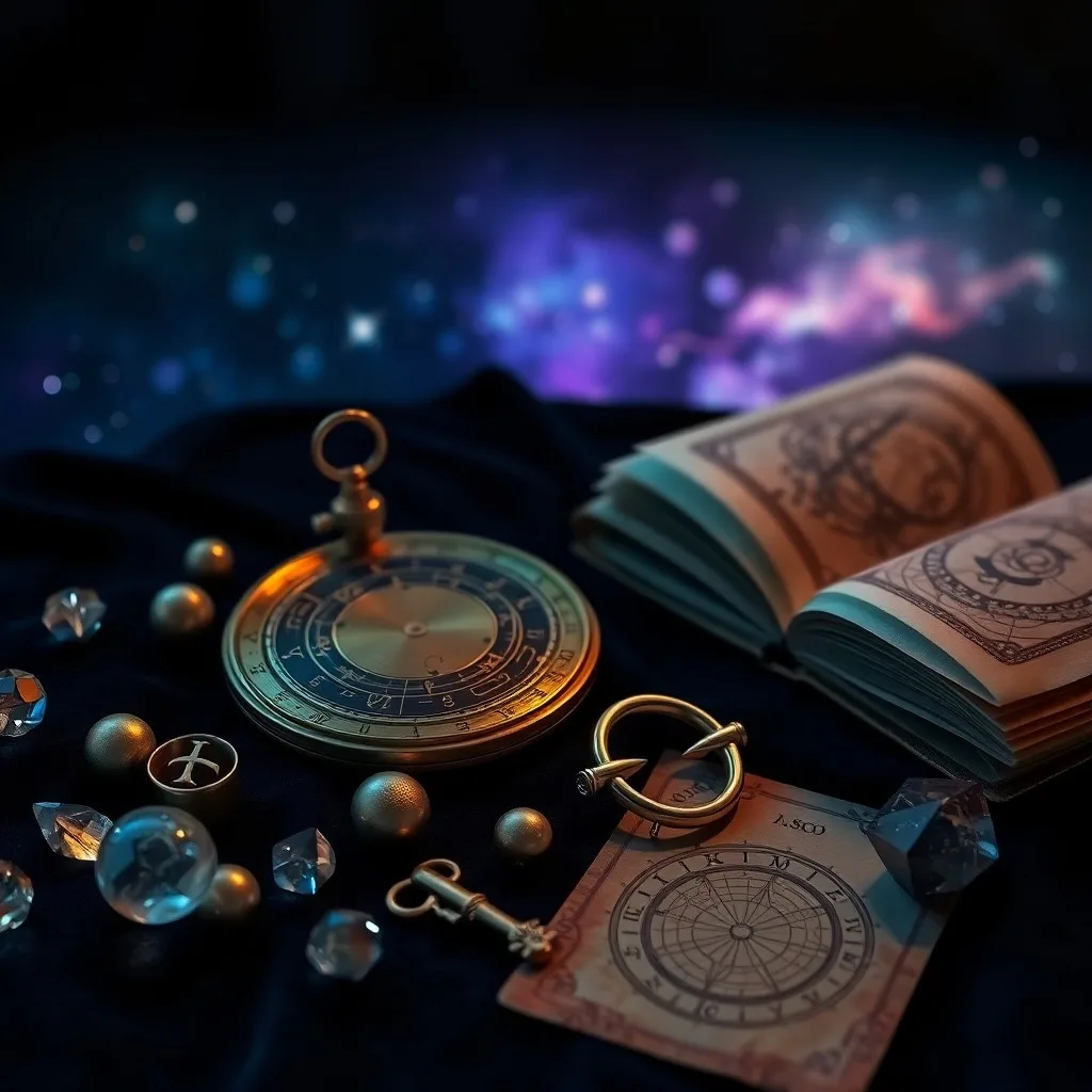 Un antiguo astrolabe de latón pulido, rodeado de cartas astrales manuscritas y una pluma de ave, iluminado por una suave luz de vela.