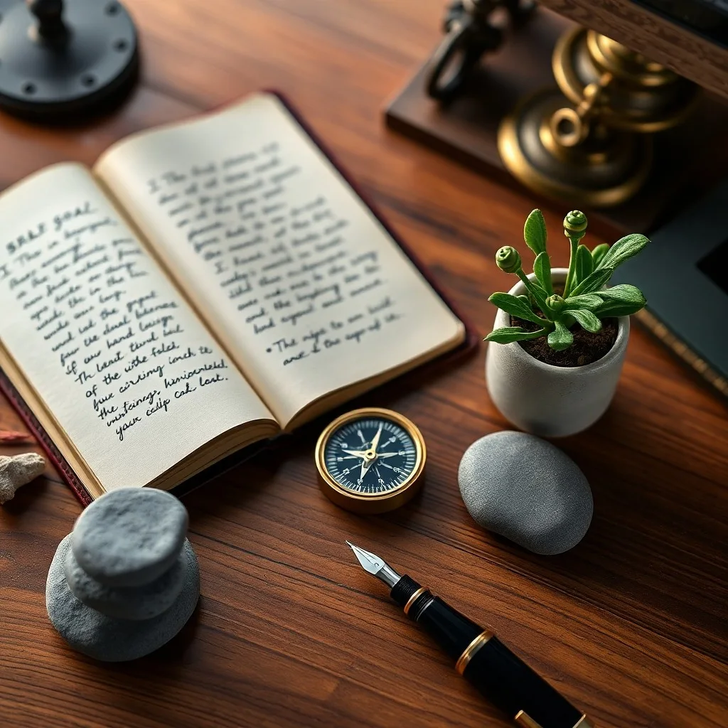 Escritorio organizado al amanecer con un diario de metas, té y un reloj de arena, simbolizando hábitos y enfoque.