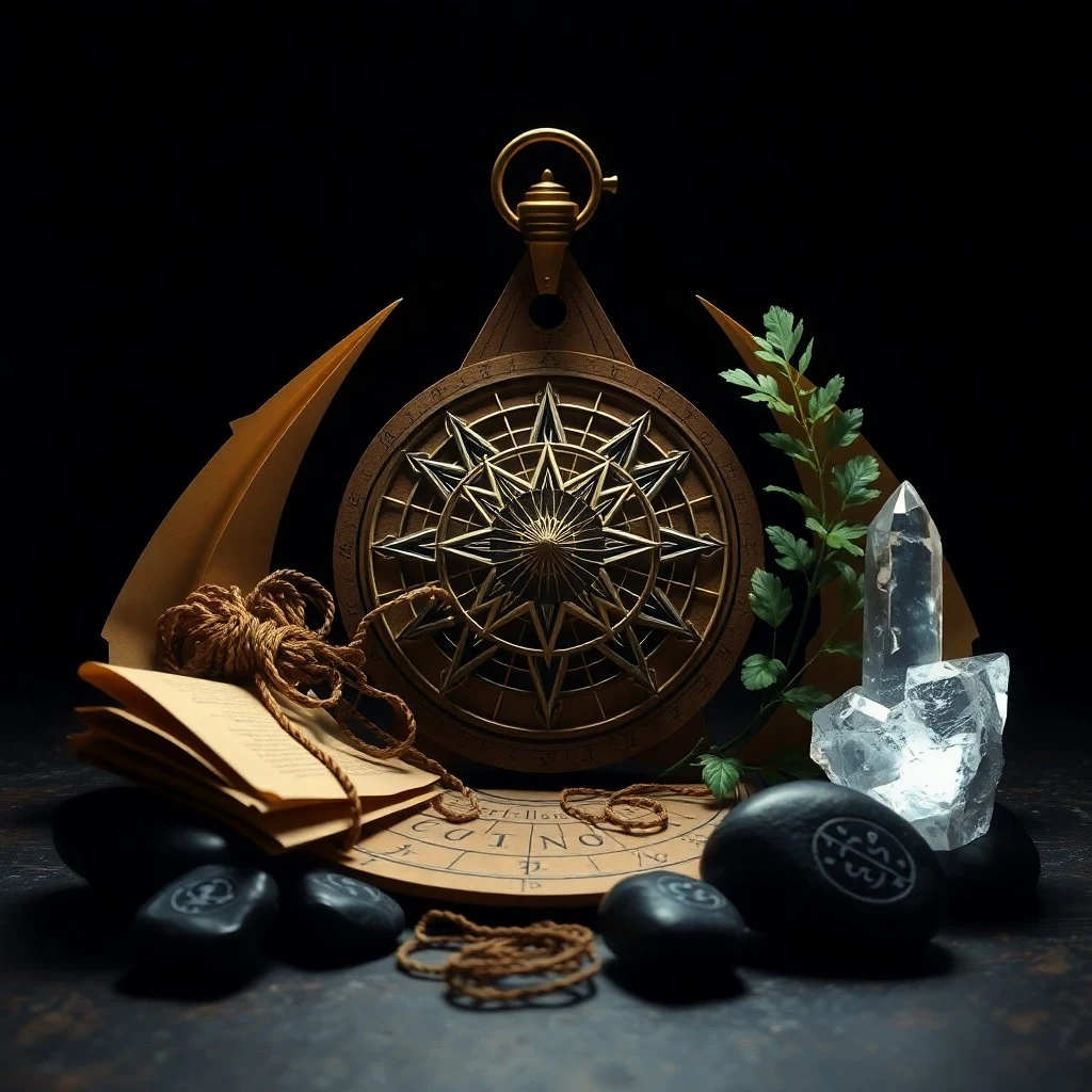 Antique brass astrolabe on a velvet desk with old parchment scrolls and a flickering candle, representing karmic records.