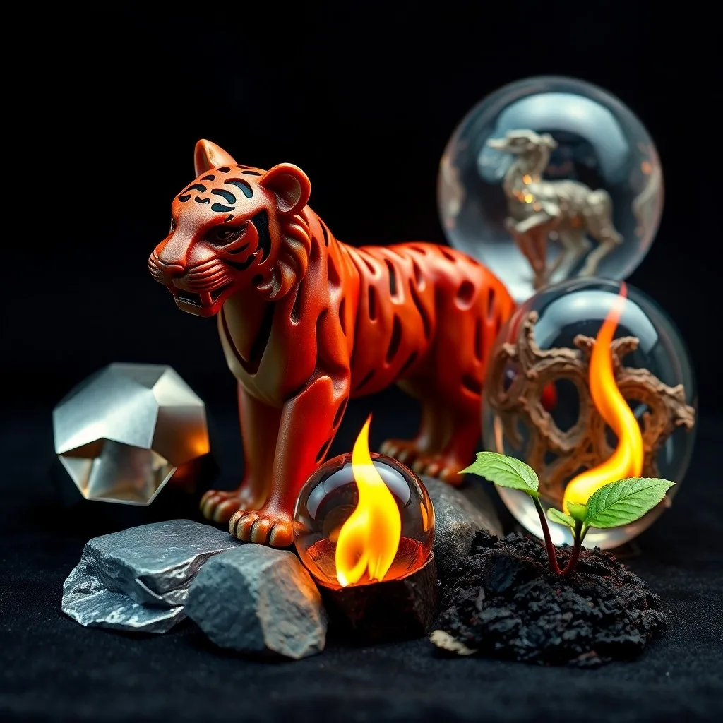 A beautifully arranged still life featuring a polished metal compass, a detailed wooden tiger carving, a clear glass of water, a smoldering incense stick, and rich earth, all bathed in dramatic light.