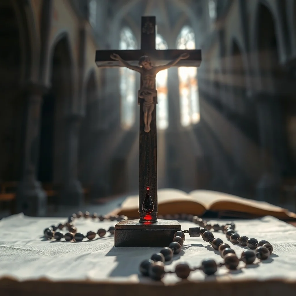 Rosario antiguo y diario espiritual sobre un escritorio de madera, simbolizando la devoción y el impacto de San Pío.