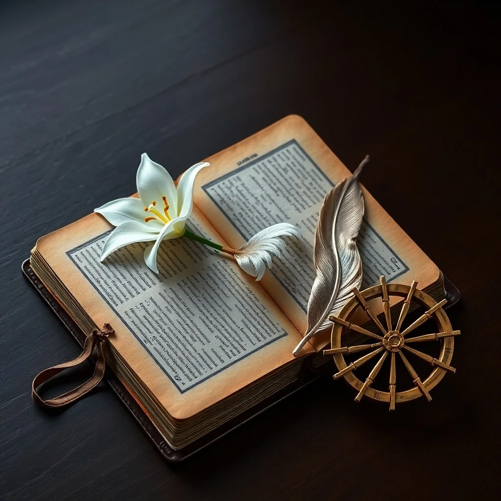 Pintura al óleo conceptual de sabiduría divina con un libro antiguo y texturas de alas