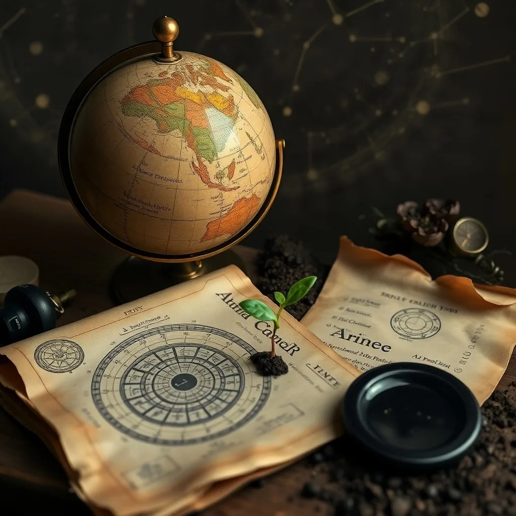 Telescopio antiguo de latón sobre libros de astrología, iluminado por la luna, con un pergamino y una pluma, simbolizando el estudio profundo y el descubrimiento astrológico.