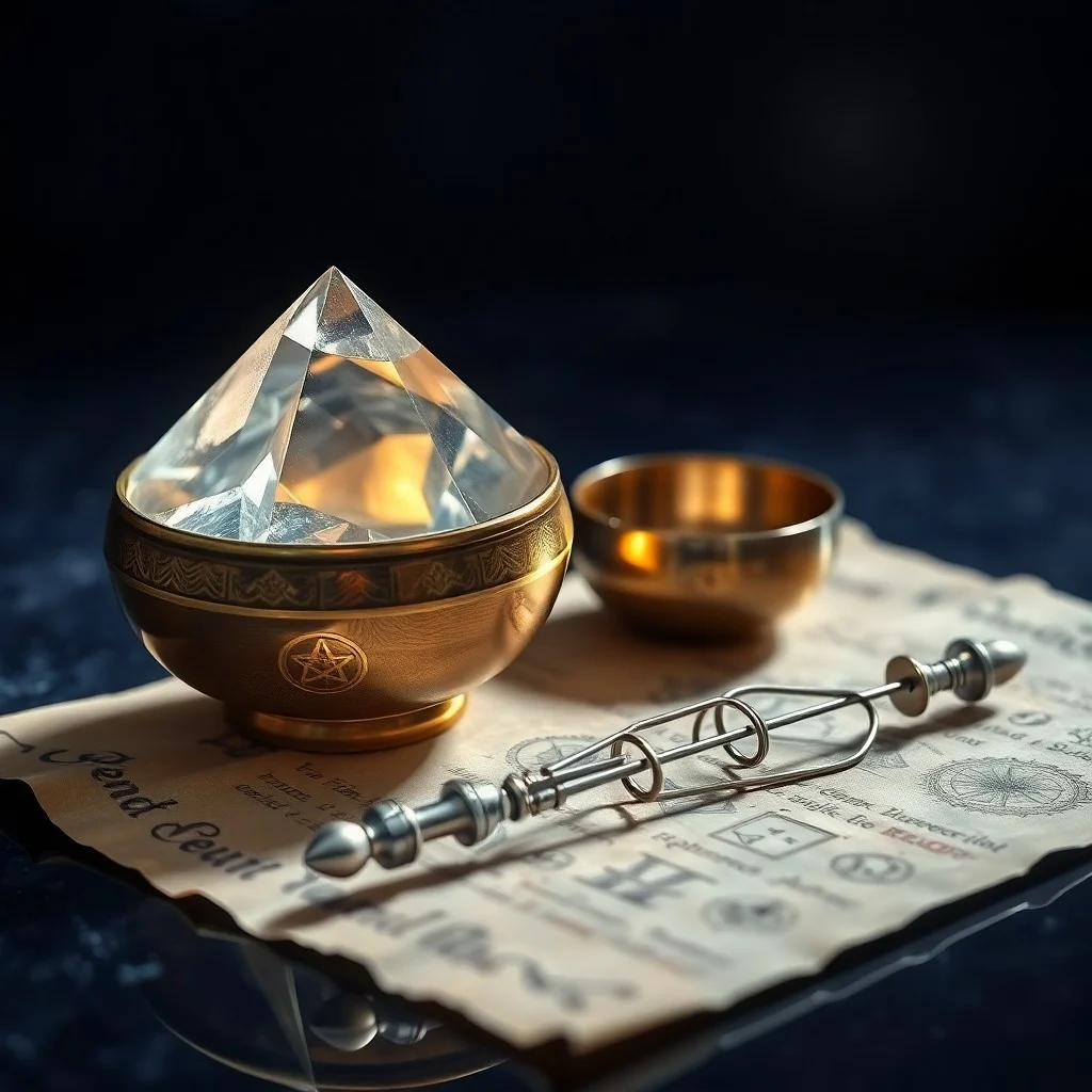 Cinematic Still Life: An antique Tibetan singing bowl resting on a silk cushion, emitting visible, concentric ripples of golden light. Nearby, an ancient scroll with Sanskrit mantras, and a modern, sleek frequency generator with subtle digital readouts, all bathed in soft, warm light. Extreme close-up macro photography.