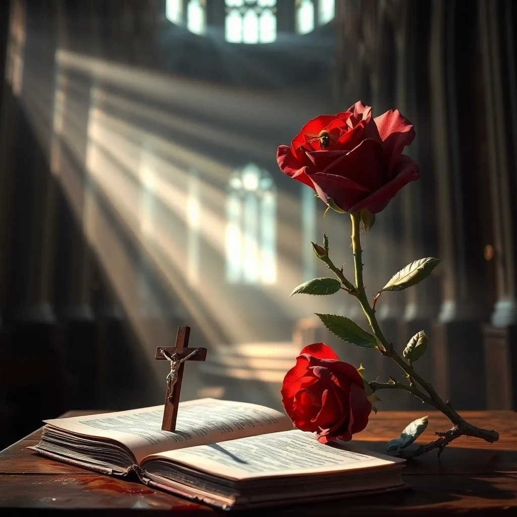 Una rosa marchita y una rama de higuera seca sobre un pergamino antiguo con escritura latina, iluminados por una luz suave y etérea, en un estilo fotográfico de naturaleza muerta con texturas ricas y un fondo oscuro.