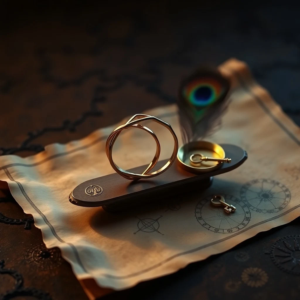Macro photograph of an antique, ornate wedding ring box, slightly open, emitting a soft golden light, next to a rolled parchment tied with a ribbon, against a rich, blurred background.