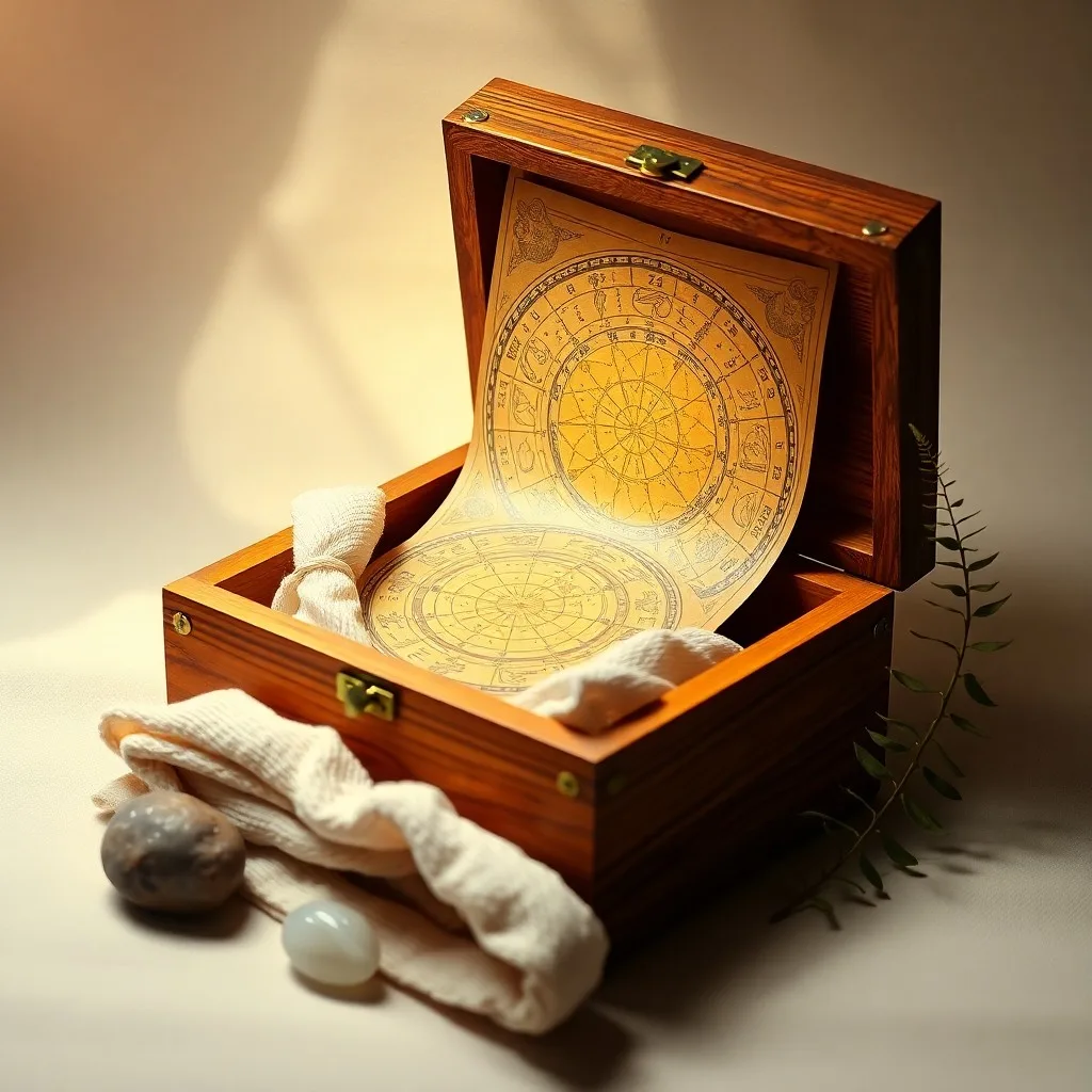 Bodegón de un escritorio vintage con un libro de astrología abierto, bloques de construcción de colores y un osito de peluche, simbolizando el aprendizaje y la infancia.